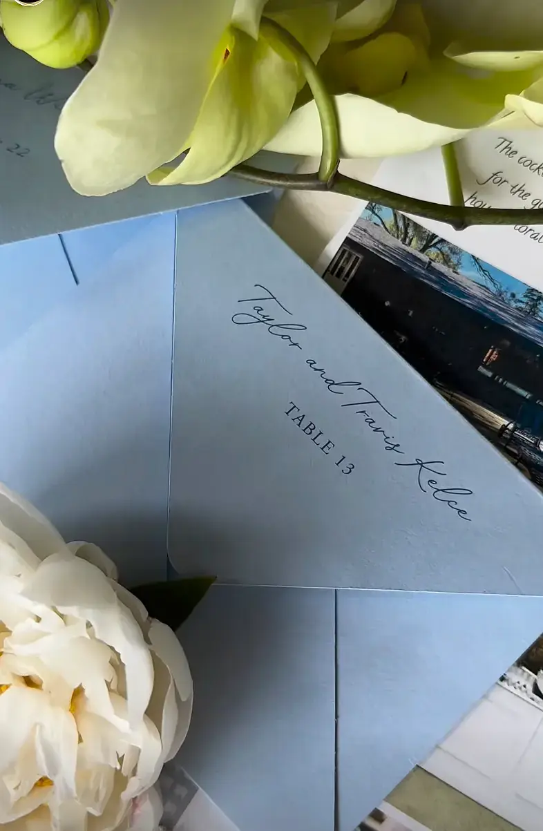 An event planner posted a letter addressed to “Taylor and Travis Kelce” from Chicago Bears player Cole Kmet’s wedding. Credit: elliestyled/Instagram