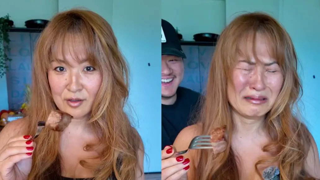 A vegan influencer breaks down as she eats meat for the first time in 14 years