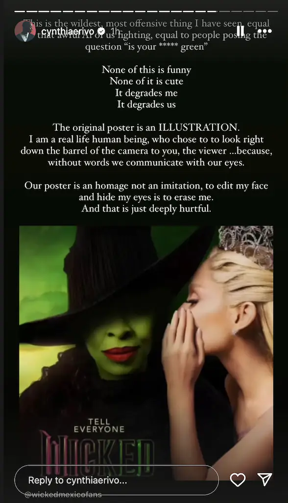 Cynthia Erivo’s Instagram posts calling fan edits to the ‘Wicked’ poster ‘offensive'. Credit: Instagram Story