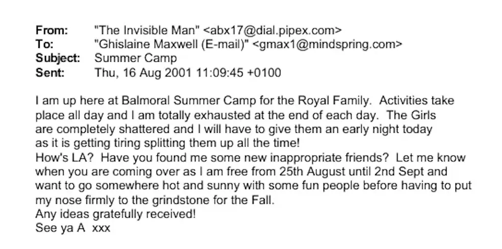 The email from 'The Invisible Man' or 'A' to Ghislaine Maxwell from the Epstein Files. Credit: DOJ