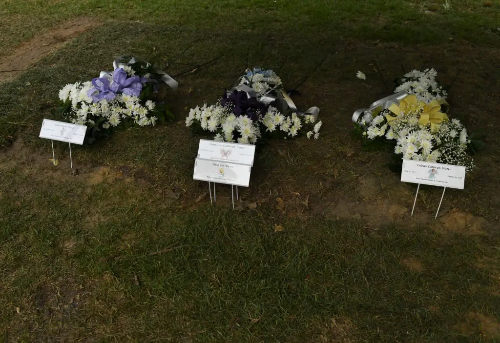 Shanann Watts, 34, her daughters Bella, 4, Celeste, 3, and unborn son Nico are at their final resting place at Bethesda Cemetery. Credit: RJ Sangosti/Getty Images.