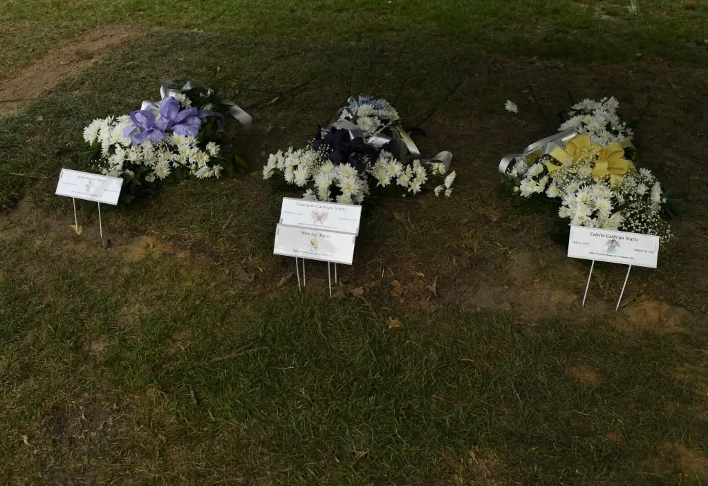 Shanann Watts, 34, her daughters Bella, 4, Celeste, 3, and unborn son Nico are at their final resting place at Bethesda Cemetery. Credit: RJ Sangosti/Getty Images.