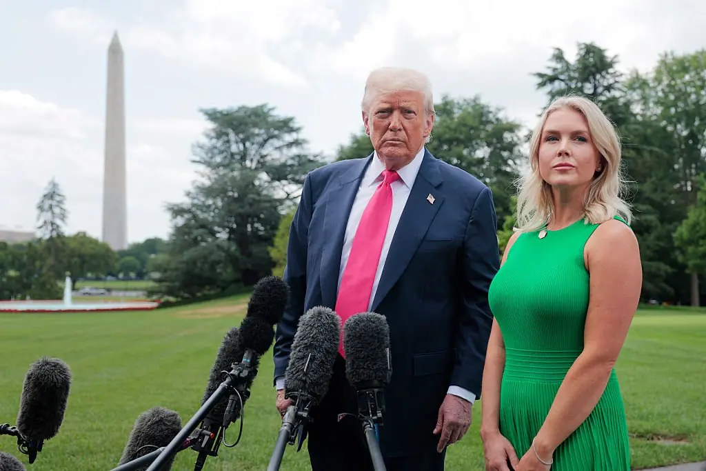 President Donald Trump pictured with White House Press Secretary Karoline Leavitt. Credit: Anna Moneymaker/Getty Images.