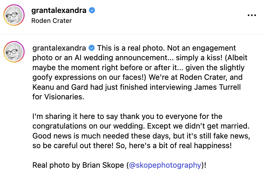 Alexandra Grant used the caption of the stunning photo to respond to rumors that she and Keanu Reeves are married. Credit: Alexandra Grant / Instagram