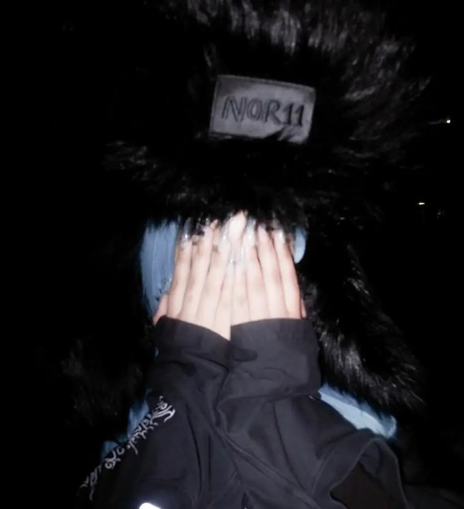 In her second post. she hid her face behind her hands and wore an oversized fuzzy hat, with bright blue hair peeking through. Credit: Instagram / North West