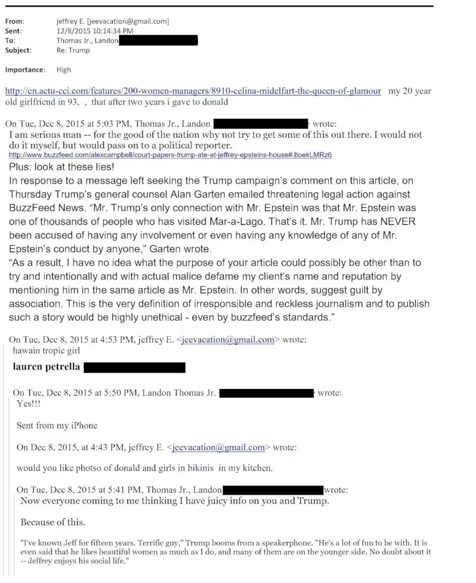 Jeffrey Epstein writes in an email that 