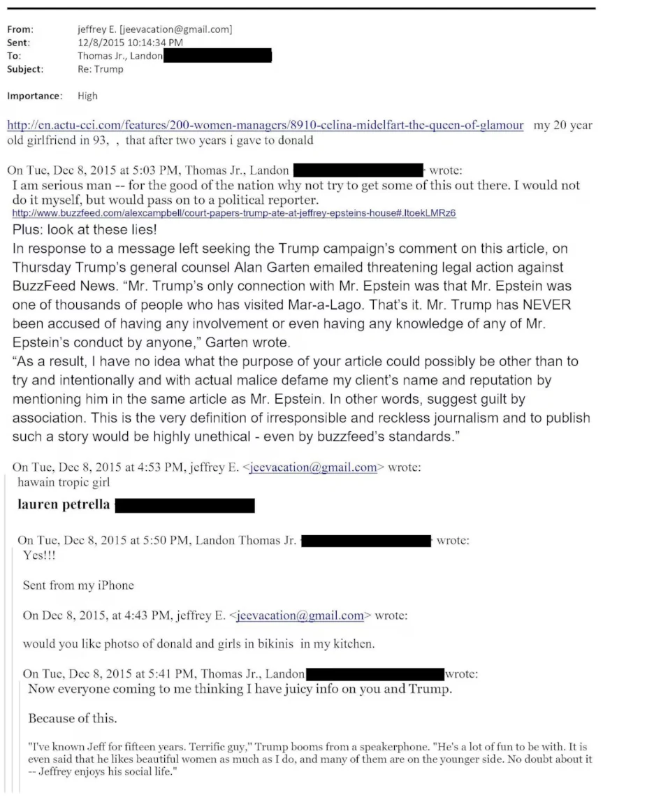 Jeffrey Epstein writes in an email that 