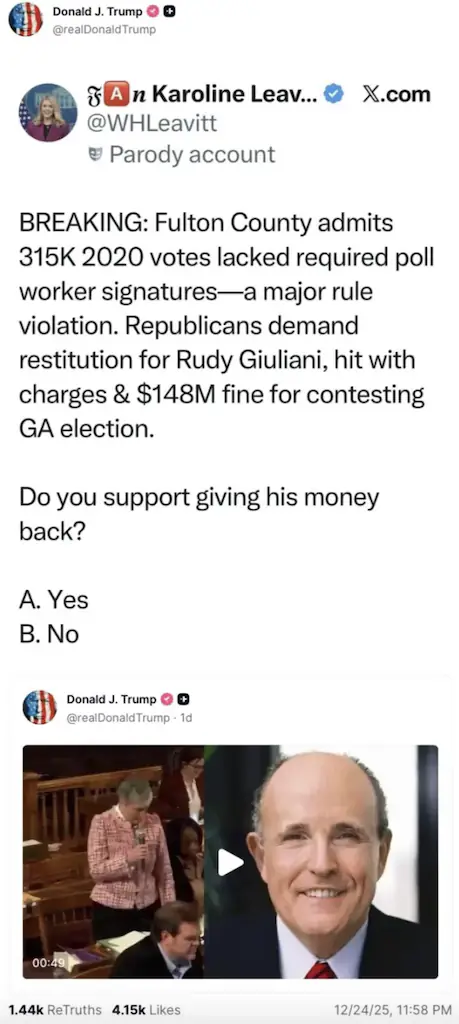 Donald Trump shared a post from the fake account on Truth Social. Credit: Truth Social.