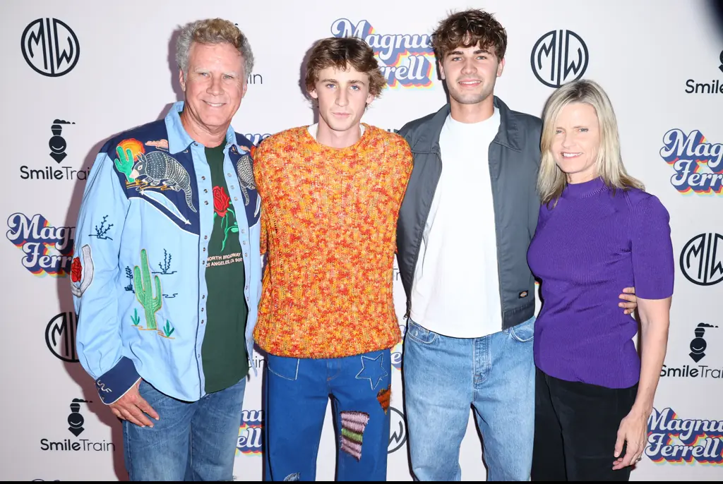 Will Ferrell with songs Matius and Magnus, and wife Viveca Paulin. Credit: Joe Scarnici / Getty