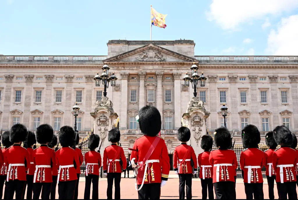 The Coldstream Guards gather at the Queen Victoria Memorial during the State Opening of Parliament earlier this month. Credit: Jeff Spicer/Getty 