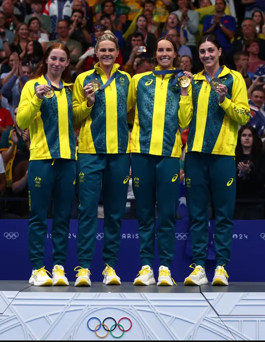 Mollie O'Callaghan, Shayna Jack, Emma McKeon and Meg Harris of Team Australia. Credit: Maddie Meyer / Getty