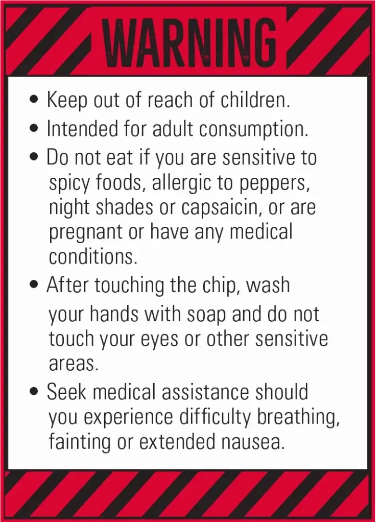 The warnings as listed on the Paqui 'One Chip Challenge' website. Credit: Paqui