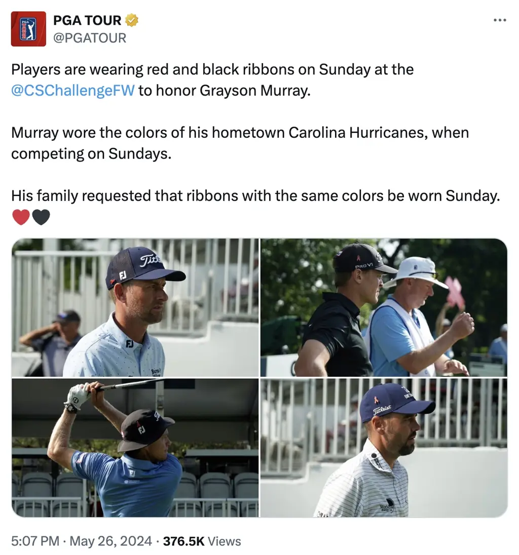 Players don red and black ribbons in honor of Grayson Murray. Credit: PGA/X