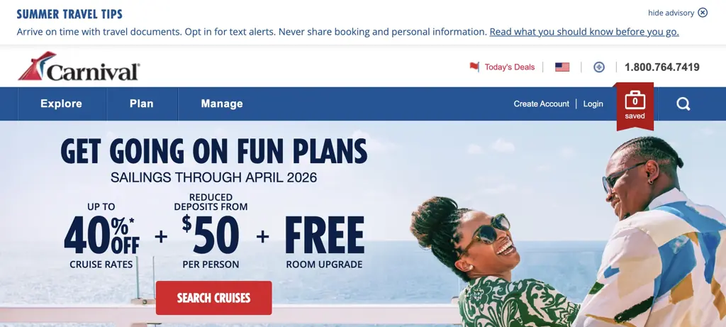 The Carnival website, with a warning about sharing information at the very top. Credit: Carnival.com