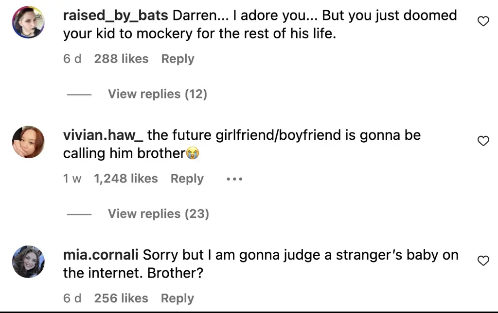 Fans were not big on the name. Credit: Instagram