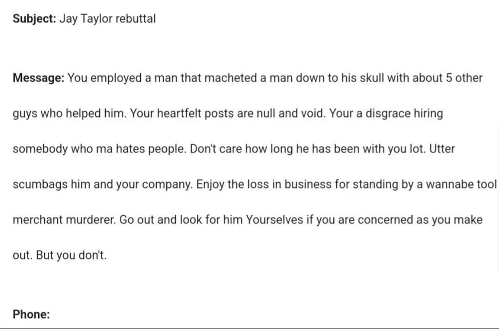 One of a the "many emails" received by Jay's employers. Credit: Facebook/PHBuildGroup