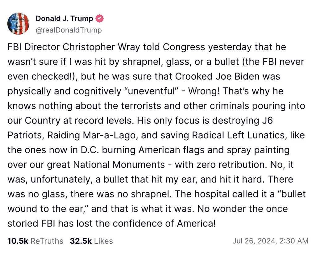 Trump's full statement on Truth Social. Credit: Truth Social