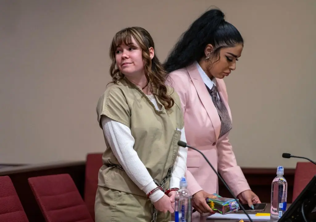 Hannah Gutierrez Reed and paralegal Carmella Sisneros appear during her sentencing on April 15, 2024. Credit:	Pool / Getty
