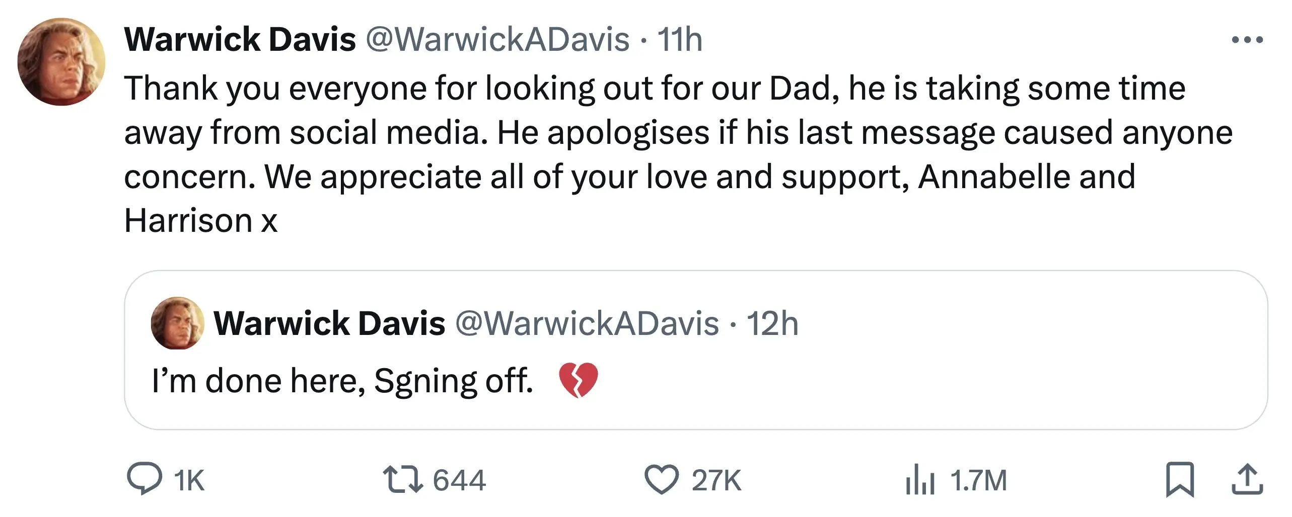 Warwick's children reassured fans their father was just taking time away from social media. Credit: X