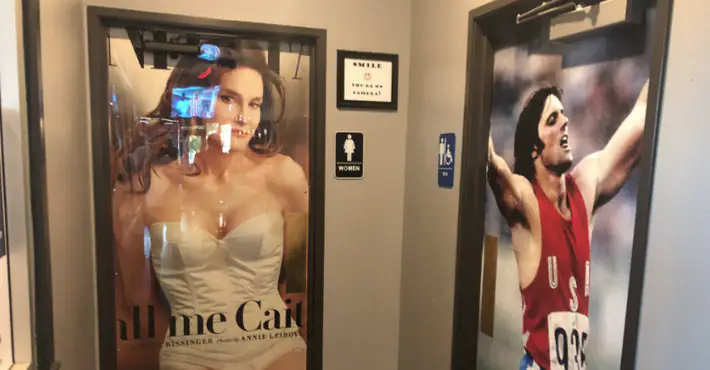 A restaurant is using photos of Caitlyn Jenner before and after her transition for bathroom signs