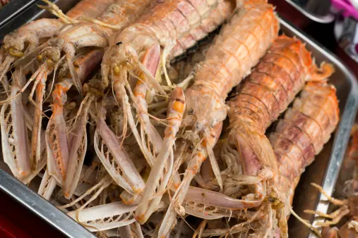 Cooked mantis shrimp for sale at an evening market on Mahabandoola Rd.