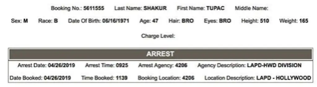 A prison record that allegedly belongs to Tupac. 