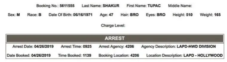 A prison record that allegedly belongs to Tupac. 