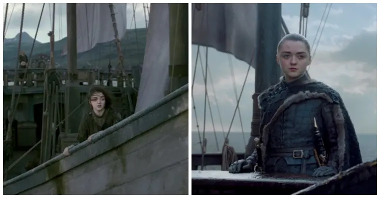 Two scenes of Arya sailing away.
