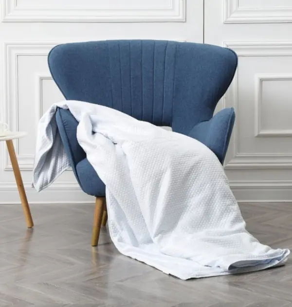 A weighted blanket on a chair. 