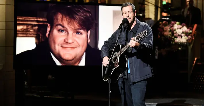 Watch Adam Sandler perform moving Chris Farley tribute on ‘SNL’