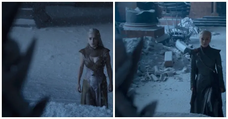 Two scenes where Daenerys approaches the Iron Throne.