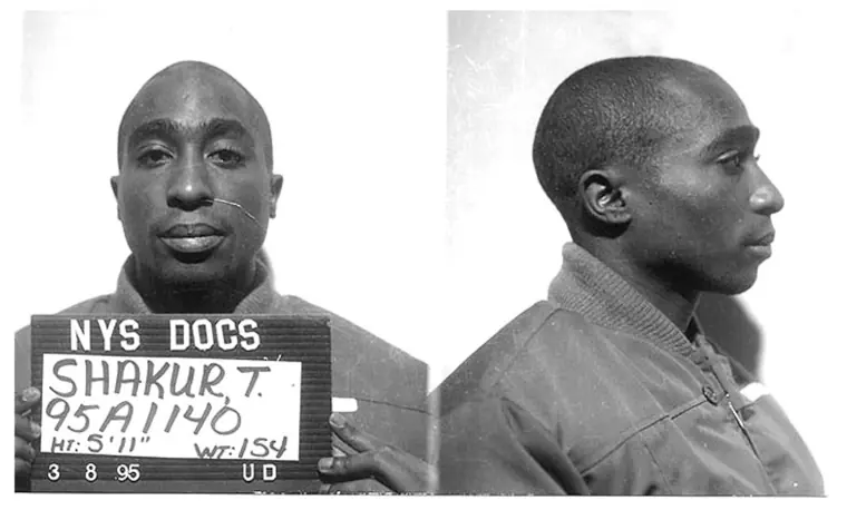 Tupac's mugshot after he was arrested for sexually assaulting a fan.