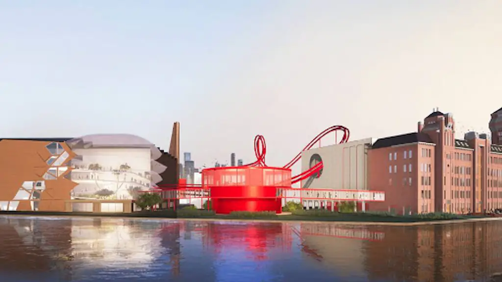 A chocolate factory with a roller coaster. 