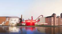 A chocolate factory with a roller coaster.