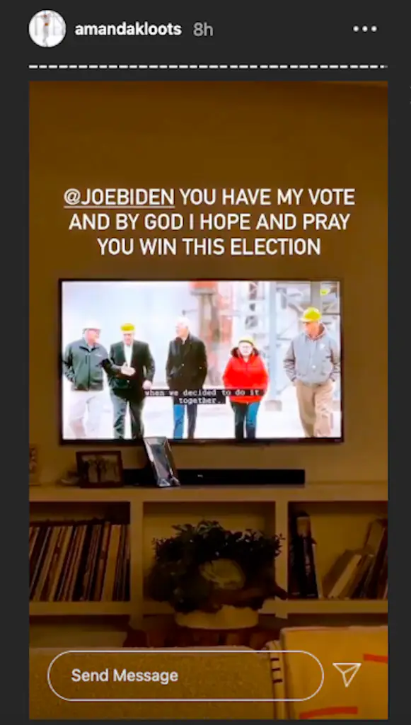 An Instagram story endorsing Joe Biden.