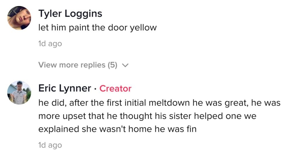 A TikTok comment about boy's reaction to his decorated bedroom.