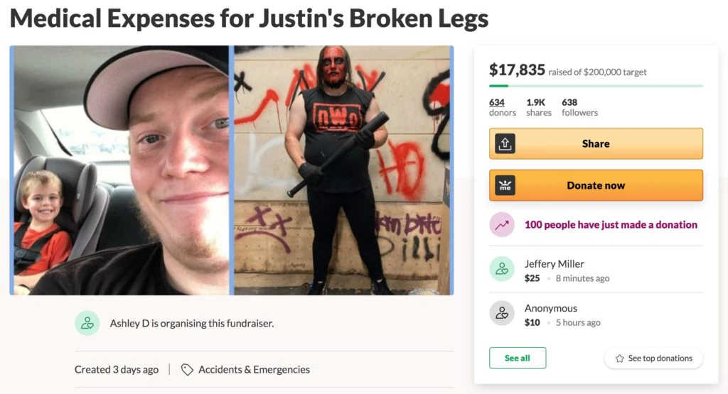 The GoFundMe page for Justin who broke both of his legs. 