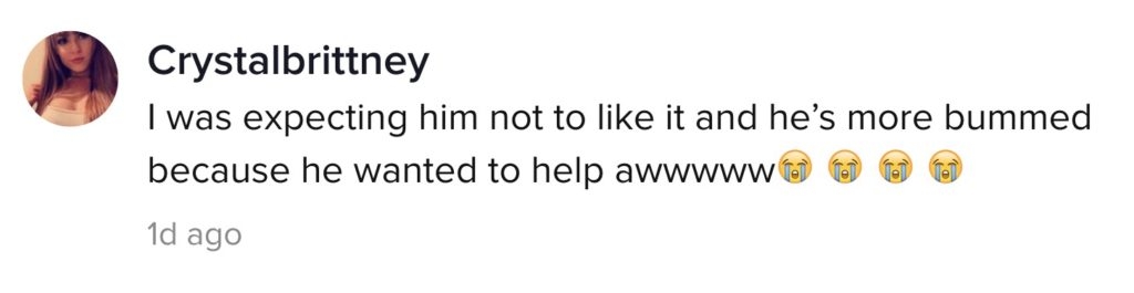 A TikTok comment about boy's reaction to his decorated bedroom.