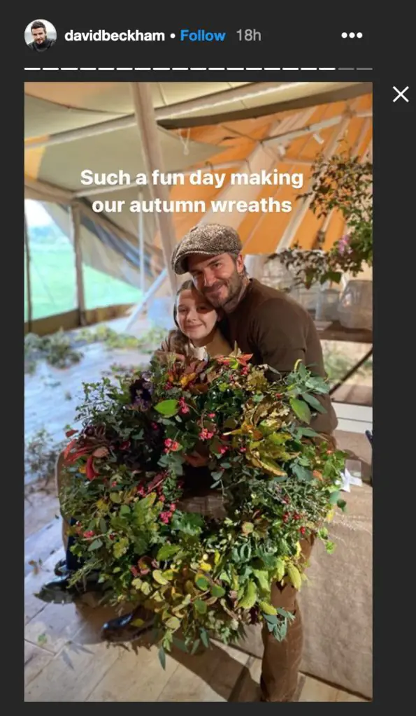 A shot of David Beckham and daughter Harper making autumn wreaths.