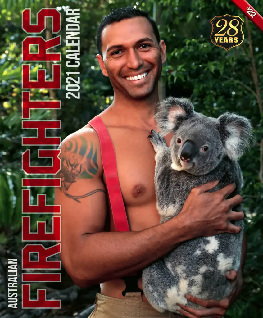 Firefighter Dennis with Emily the koala.