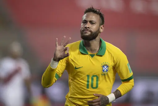 Qatar 2022 qualifiers; Peru versus Brazil; Neymar of Brazil celebrates his third goal in the 94th minute 2-4 / PRESSINPHOTO