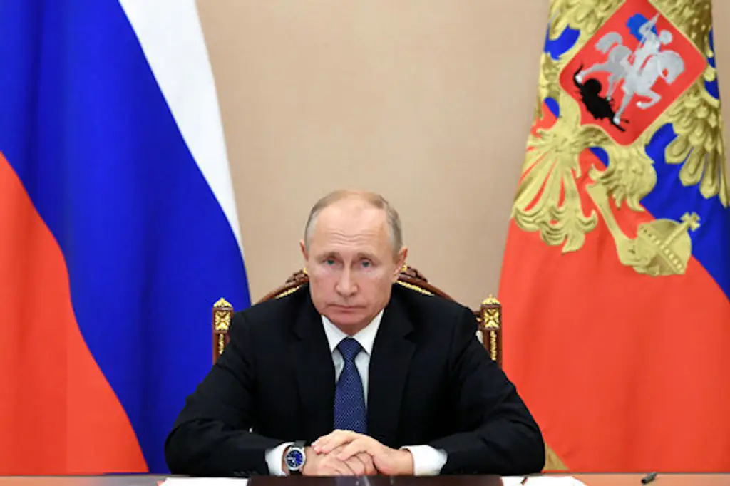 Russia's President Vladimir Putin holds a video conference meeting.