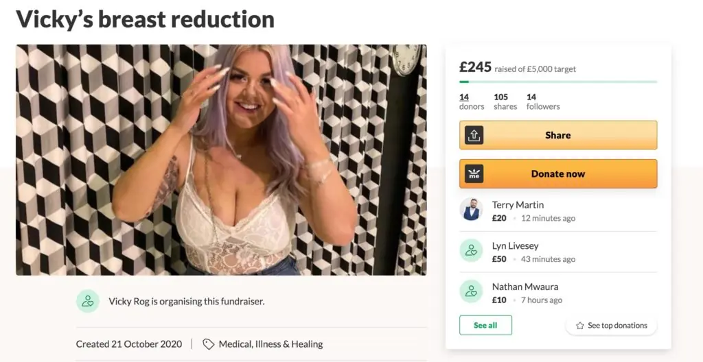 Vicky Rog's GoFundMe page for breast reduction surgery.