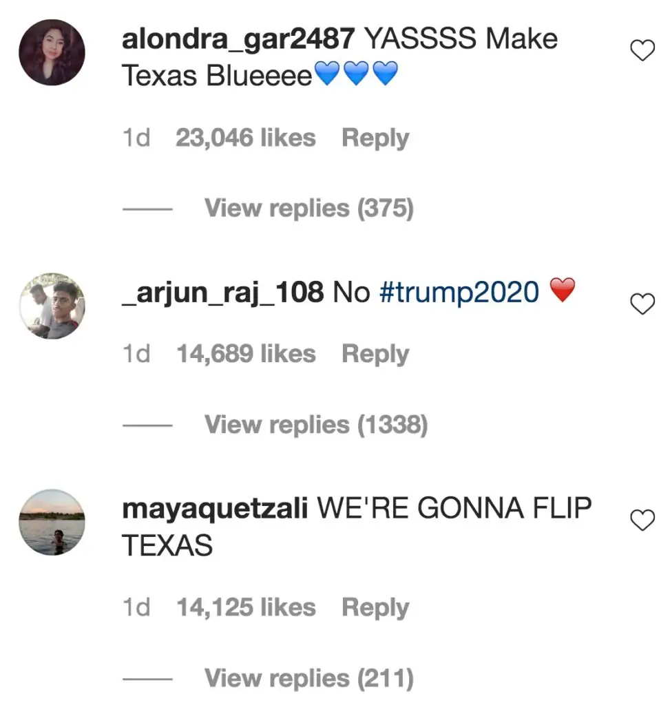 A screenshot of divided Instagram comments on Beyonce's post calling for Texans to vote for Biden.