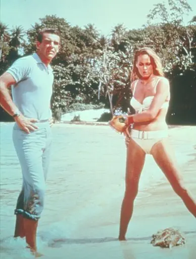Sean Connery as British super-spy James Bond and Swiss actress Ursula Andress as Honey Ryder in 'Dr No'