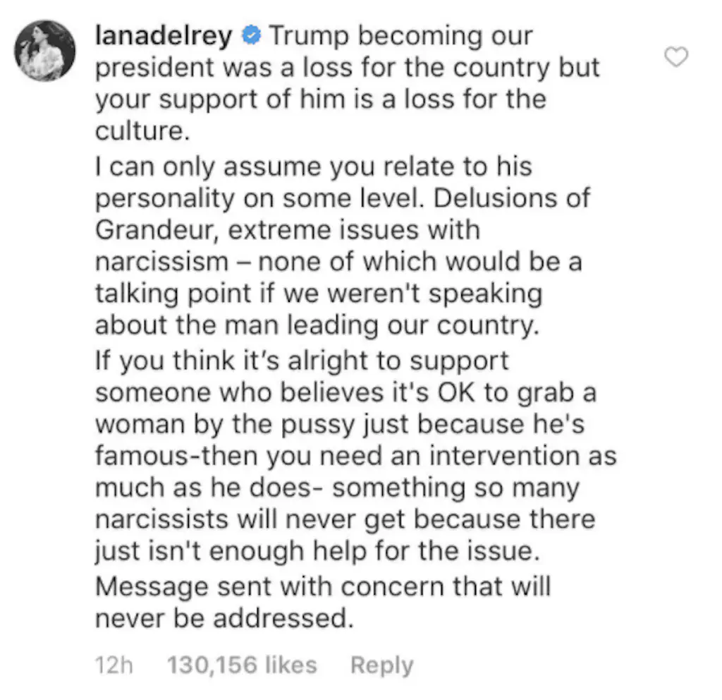 Lana Del Ray Instagram comment. 