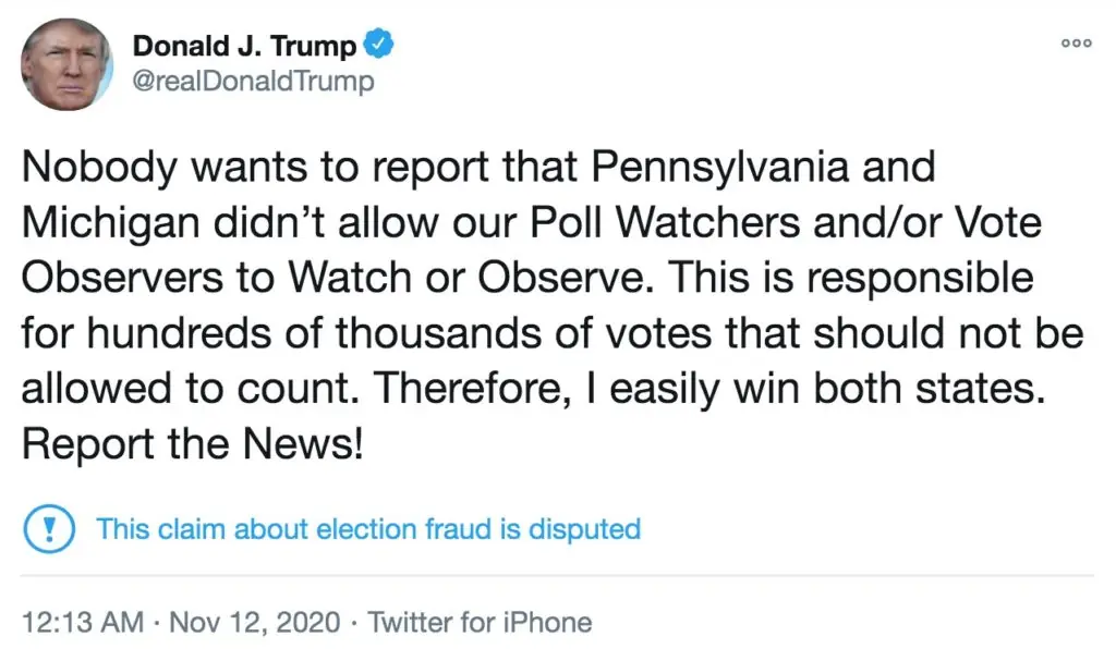 A tweet from Donald Trump alleging voter fraud.