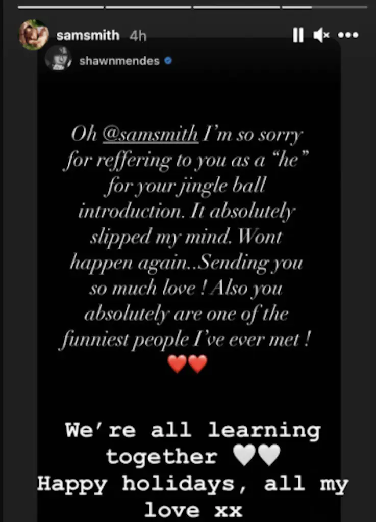 Sam Smith's Instagram story