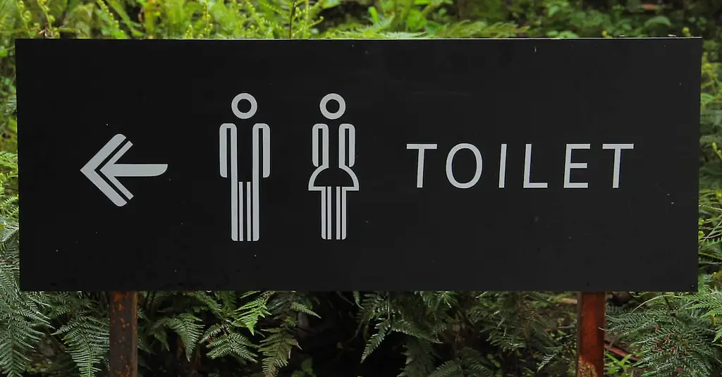 An image of a sign for a toilet. 