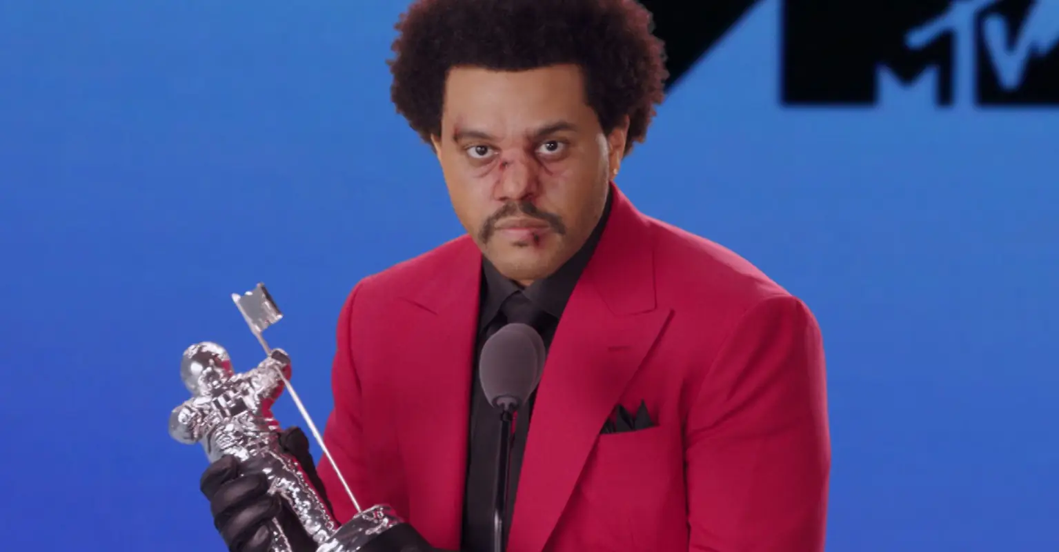 The Weeknd has removed his bandages as he shows off facial prosthetics in music video